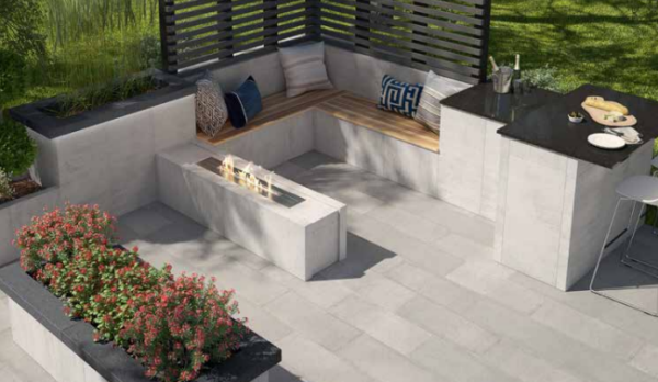 An elegant & modern patio created with Artex Panel System provided by Hard-Co's landscape supply in Whitby